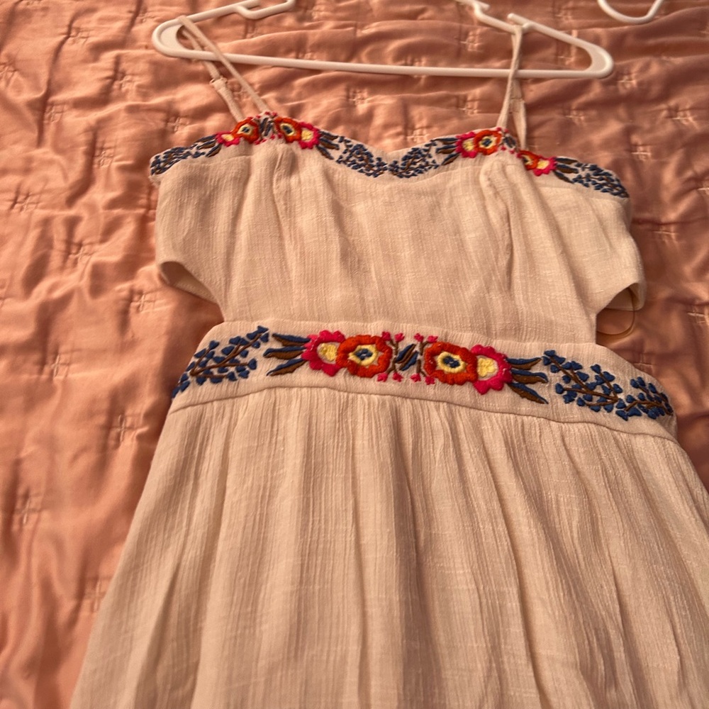 As U Wish Cream Sundress with Red Embroidery Spaghetti Straps
